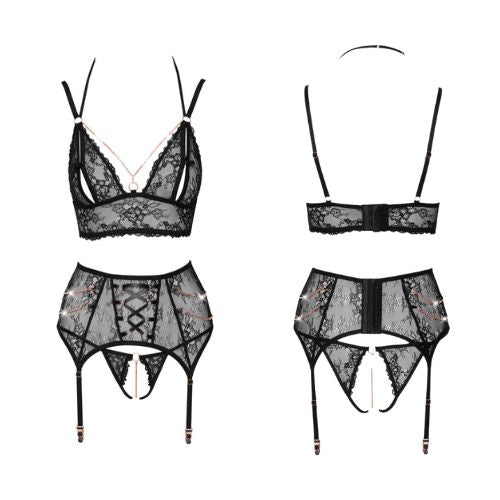 Abierta Fina 3 Pc Lace and Chain Suspender Set Black from Nice 'n' Naughty