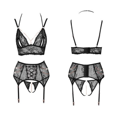 Abierta Fina 3 Pc Lace and Chain Suspender Set Black from Nice 'n' Naughty