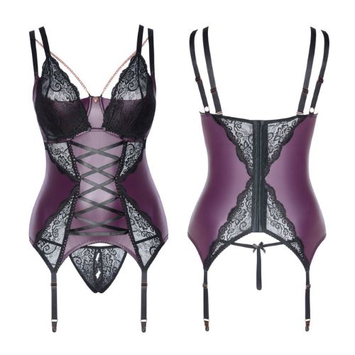 Cottelli Curves Basque w Crotchless String Black w Purple from Nice 'n' Naughty