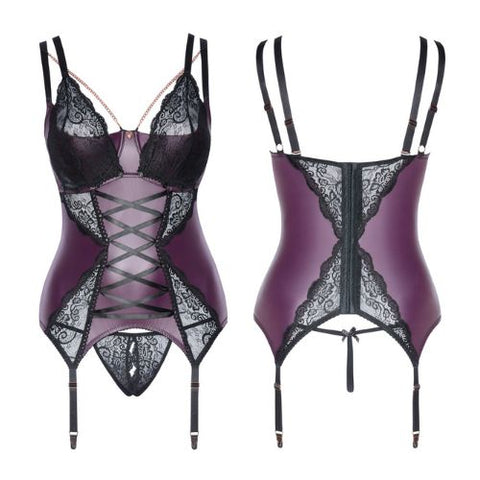 Cottelli Curves Basque w Crotchless String Black w Purple from Nice 'n' Naughty