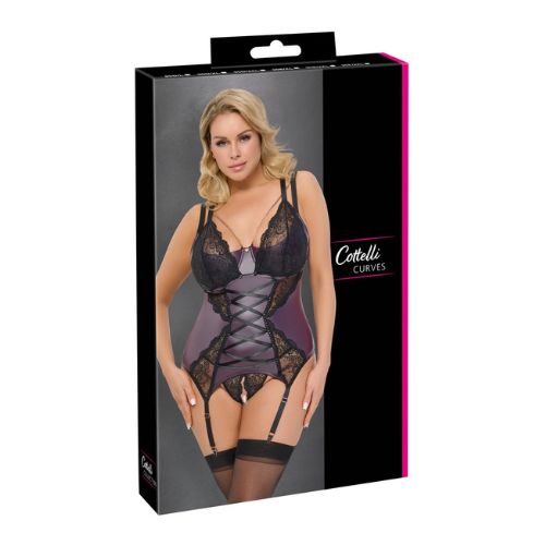 Cottelli Curves Basque w Crotchless String Black w Purple from Nice 'n' Naughty