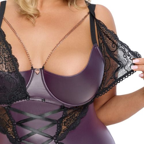 Cottelli Curves Basque w Crotchless String Black w Purple from Nice 'n' Naughty