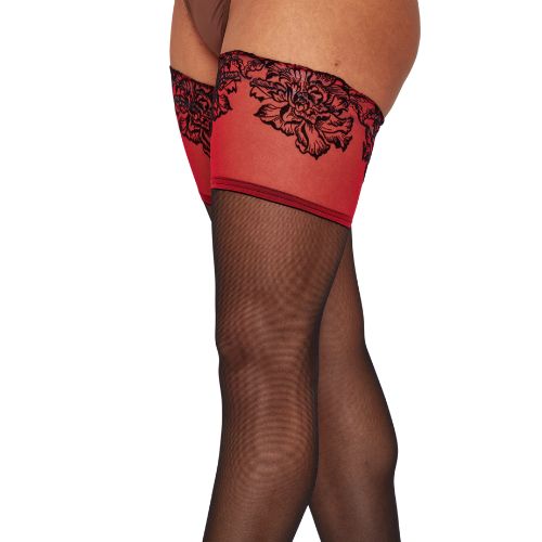 Pamela Mann Sheer Hold Ups w Luxury Flocked Lace Black/Red from Nice 'n' Naughty